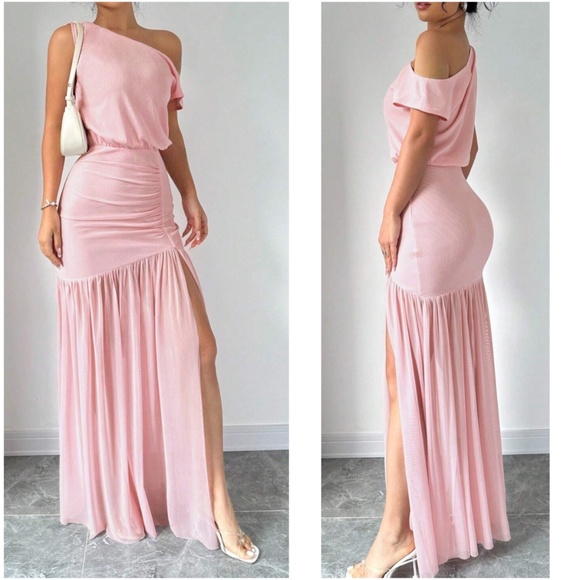 Solid One Shoulder Split Thigh Ruched Party Maxi Dress - Picture 4 of 4